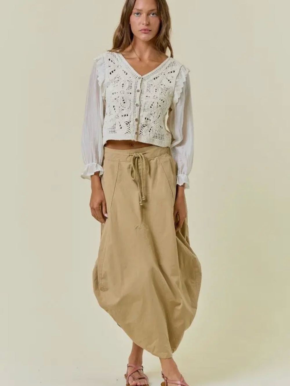 Doe & Rae Beige Drawstring Maxi Skirt